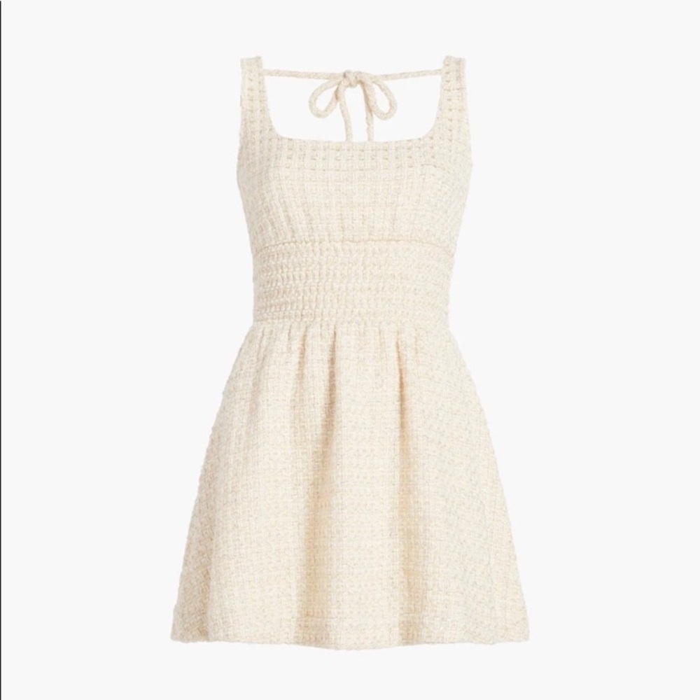Hill House Cher Square Neck Wool Open Back A Line Mini Dress Coconut Tweed Cream
